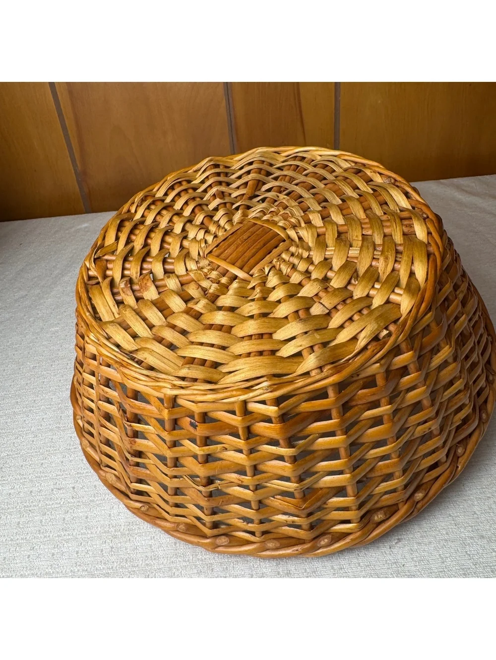 Vintage Wicker Serving Basket With Long Handle Round Handwoven Farmhouse Decor